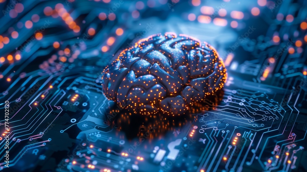 Poster Computer Circuit Board With Glowing Brain.