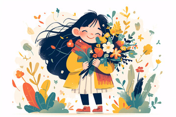 Illustration of girl holding flowers in hands, Thanksgiving Teacher's Day and Mother's Day concept illustration