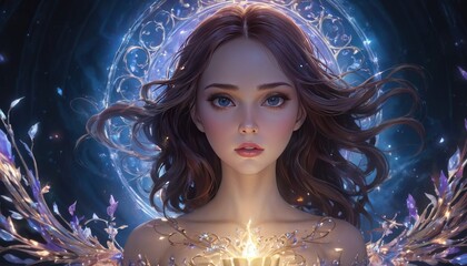 A young princess with an otherworldly charm holds a glowing flower amidst a starry expanse. AI Generation