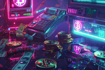 An illustration of a battle between digital crypto and physical cash in a retro design reminiscent of 1980s video game graphics, with a cyberpunk twist and luminous lighting effects.