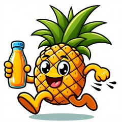 A character of a cheerful active pineapple who runs happily while holding a bottle of juice on a white background