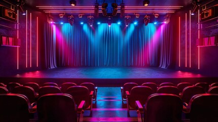 Modern theater hall with neon lights - obrazy, fototapety, plakaty
