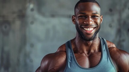 A smiling personal trainer, a muscular, dark-skinned, athletic man - obrazy, fototapety, plakaty