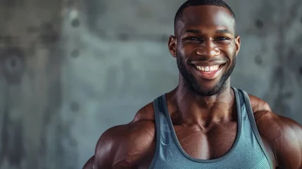 Stoff pro Meter A smiling personal trainer, a muscular, dark-skinned, athletic man © PhotoHunter