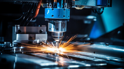 Close-up of CNC laser cutting metal, modern industrial technology for making industrial details