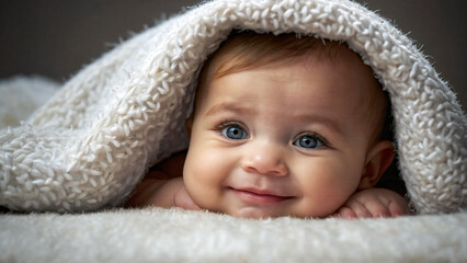 Fototapeta na wymiar Funny and cute little baby smiling under white blanket