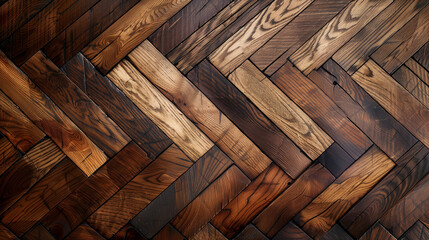 Rich Parquet Wood Flooring Pattern. Elegantly arranged parquet wood flooring exhibits a rich tapestry of textures and hues, demonstrating intricate craftsmanship - obrazy, fototapety, plakaty