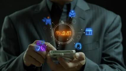 Omni Channel marketing concept. Digital online for business and social media marketing. Businessman using smartphone to operate with omni channel icons on virtual screen.