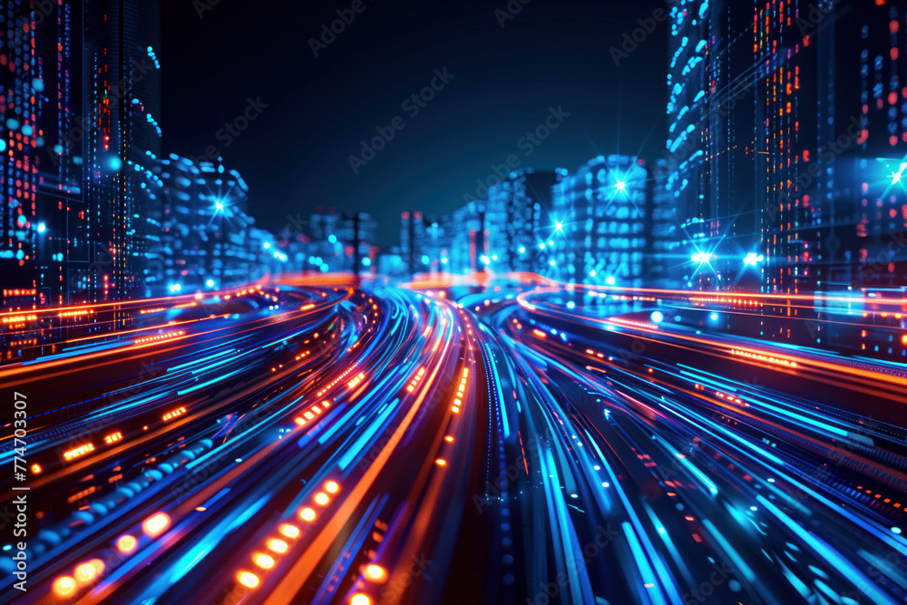 Poster futuristic city with motion blur and lights. background image. created with generative ai technology