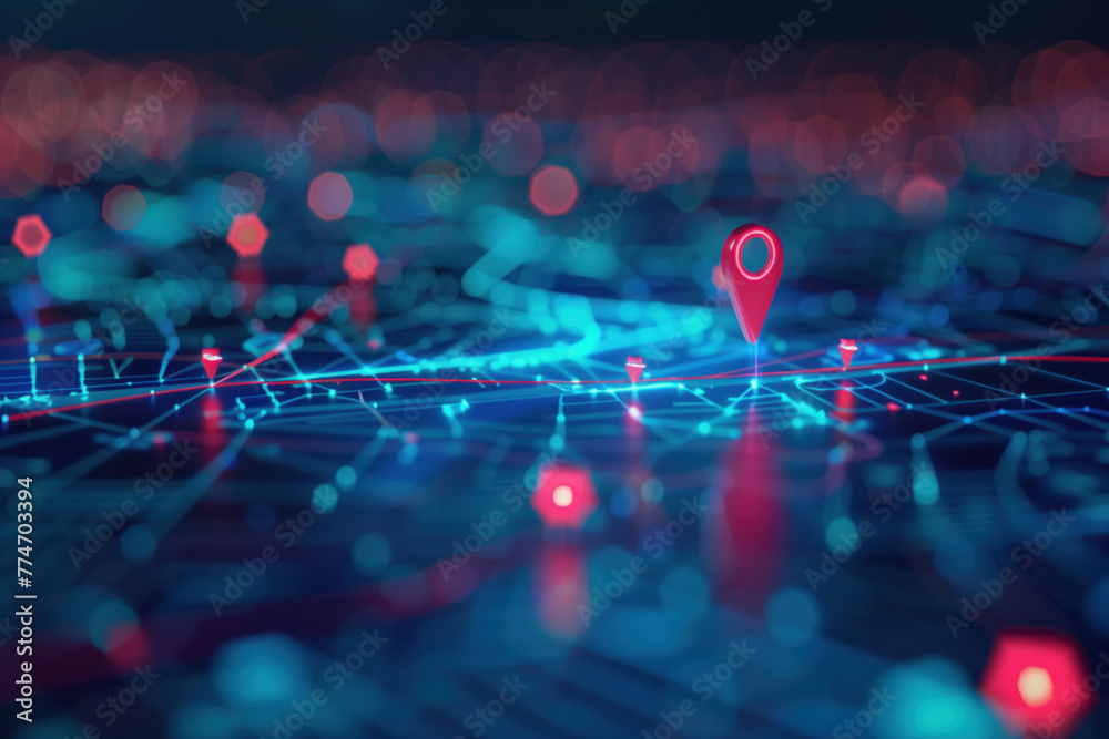 Poster abstrakt futuristic background with location pin icon on a virtual map. blue and red lights. backgro