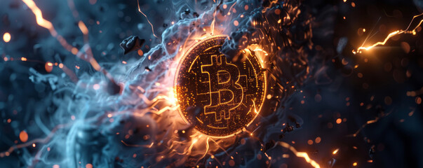 A depiction of a bitcoin halving event, intertwining fantasy and charcoal sketching to construct an ethereal setting with radiant illumination and holographic elements, evoking a dreamy ambiance. - obrazy, fototapety, plakaty