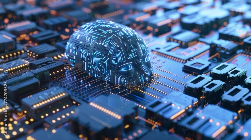 Poster futuristic ai brain on circuit board at dusk