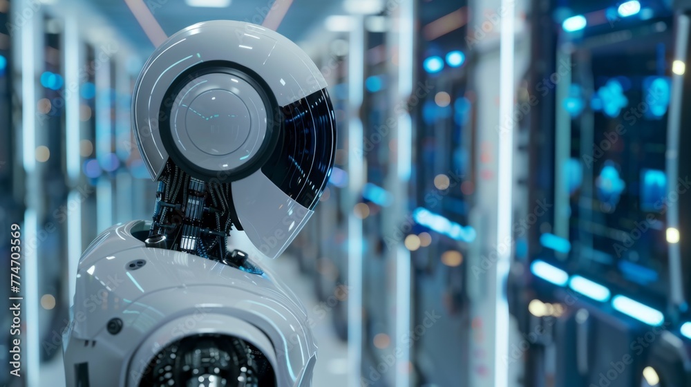 Poster Robot Standing in Front of Row of Servers