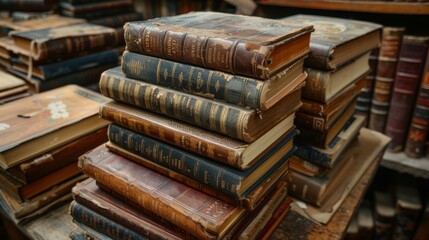 Obraz premium A stack of old books with a brown cover. The books are piled on top of each other
