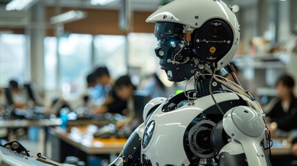 Fototapeta premium A robot is standing in a room with people. The robot is white and has a helmet on