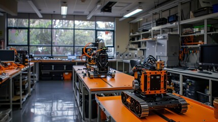 A room with a lot of machinery and robots. The robots are orange and black. The room is very busy and has a lot of activity
