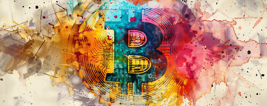An artistic representation of a bitcoin halving, combining watercolor and ink techniques to craft a visually stunning arrangement with a triadic color palette.