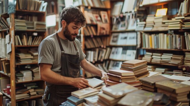 A man in a grey shirt is standing in a library with a stack of books in front of him