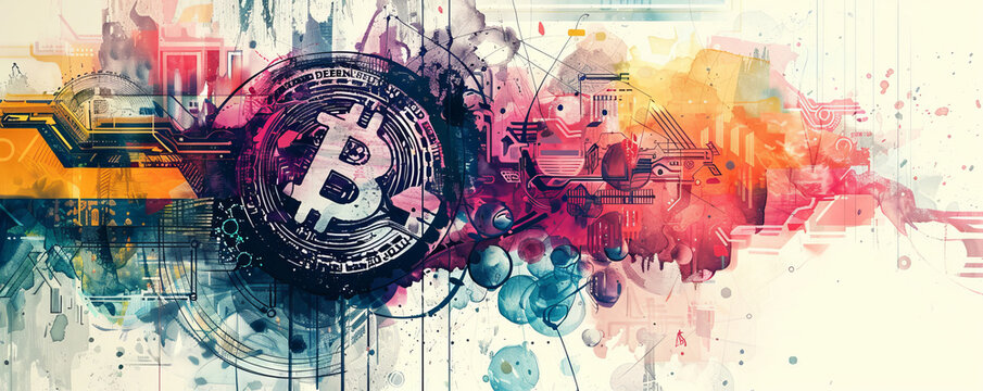 An artistic representation of a bitcoin halving, combining watercolor and ink techniques to craft a visually stunning arrangement with a triadic color palette.