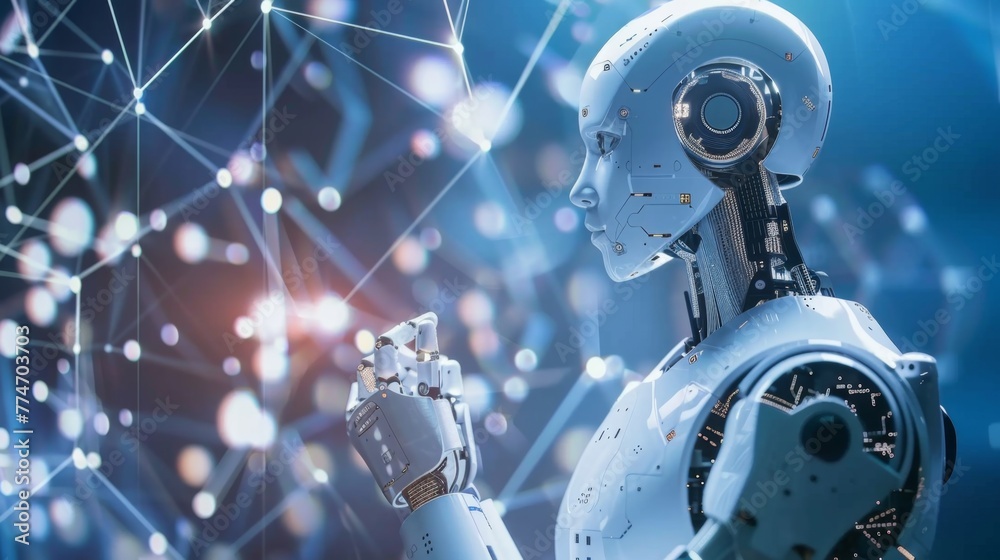 Poster Futuristic AI Robot With Advanced Circuitry Against a Network Background