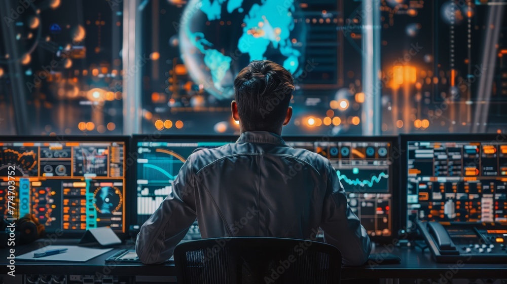 Poster a man is sitting in front of a computer monitor with a globe on it. he is looking at the screen inte