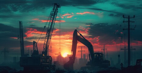 Crawler excavators silhouette are digging the soil in the construction site at sunset background - obrazy, fototapety, plakaty