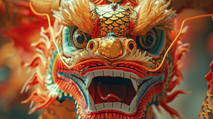 Obraz premium Closeup of a gold dragon statue with red and green details and white sharp teeth at a temple with gold details