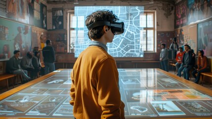 A man in a yellow shirt stands in front of a large table with a map on it. He is wearing a virtual reality headset. The room is filled with people, some of whom are sitting on chairs - obrazy, fototapety, plakaty