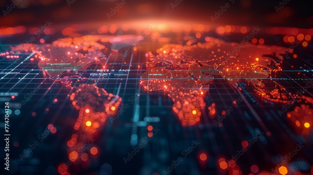 Poster a computer screen shows a map of the world with a red glow. the map is filled with dots, which repre