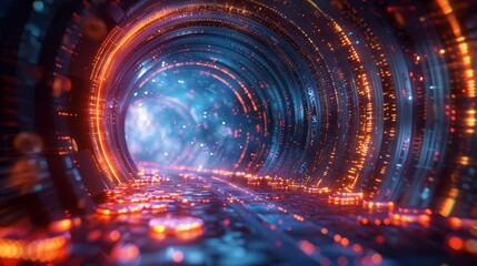 A tunnel with a blue and orange glow. The tunnel is lit up with neon lights and has a futuristic feel to it - obrazy, fototapety, plakaty