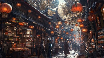 A busy street with people walking and shopping. The street is lit up with orange lanterns, creating a warm and inviting atmosphere. The scene is reminiscent of a bustling Asian market - obrazy, fototapety, plakaty