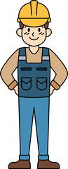 A cartoon man in a blue work uniform is smiling