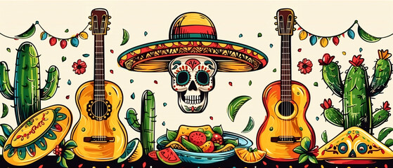 Cartoon mexican banners. Traditional Mexican symbols: chili, sugar skull, taco and others. Illustrations for posters, banners, prints in honor of Mexican holidays
