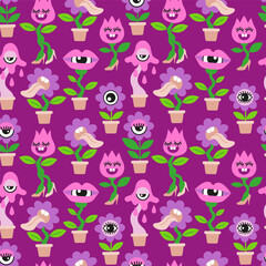 Seamless pattern of home plants. Crazy disco dancing pink and purple flowers in flat style on purple background