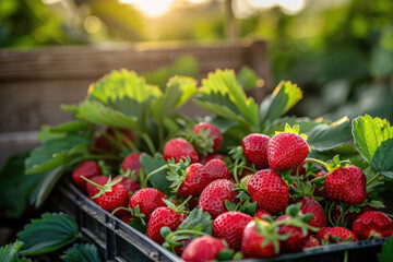The harvested crop of ripe fresh strawberries in a box