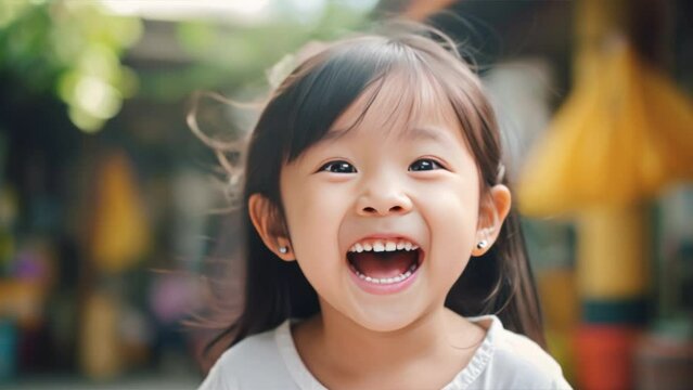 Happy Little asian girl child showing front teeth ,health of teeth with young children