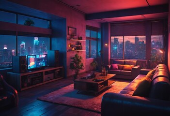 Beautiful Retro-Futuristic Portrait of a Human Gamer Girl Resembling an Android Robot with Artificial Intelligence, Travelling in Modern City with Neon Lights and Colorful Cyberpunk Vibe