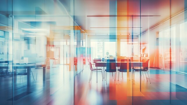 Dynamic business environment: abstract blurred office interior room with modern workspaces and technology gadgets

