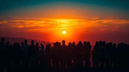 A group of people are standing on a hillside and watching the sun set. The sky is filled with clouds and the sun is setting in the distance