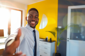 Smiling and pleasant young black businessman welcoming client to his bright, sunlit office, offering handshake.