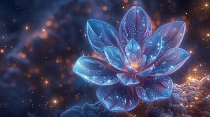 A blue flower with a glowing center is surrounded by a starry background. The image has a dreamy, ethereal quality to it, with the blue flower standing out against the dark background