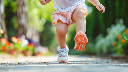 Small girl toddler wearing sports shoes and running outside in the park on a summer day, closeup of legs