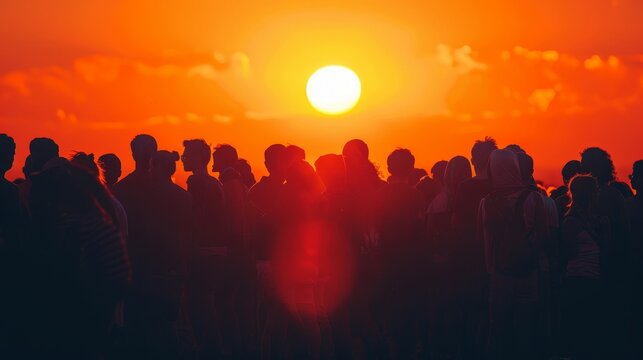 A large group of people are gathered around a sun, with the sun being the main focus of the image. The people are standing in a line, with some of them being closer to the sun and others further away