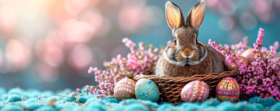 Easter background with a picture of a rabbit, colored eggs, and a wicker basket. For the day of Holy Easter.