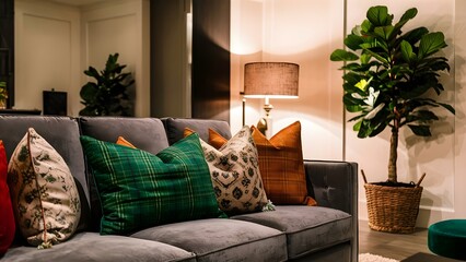 Living room interior with gray velvet sofa, modern interior design concept