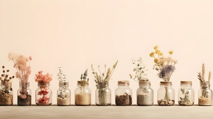 Herbal apothecary aesthetic. JJars with dry herbs and flowers on a beige background. With Generative AI technology. AI generated
