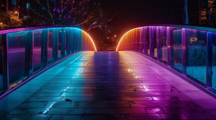 A bridge lit up in neon colors. The bridge is lit up in a rainbow of colors, creating a vibrant and lively atmosphere. The lights are arranged in a way that they reflect off the water below - obrazy, fototapety, plakaty