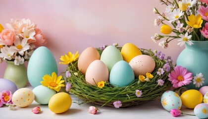Fototapeta na wymiar A vibrant display of multicolored Easter eggs nestled in a green grass wreath surrounded by seasonal flowers, set against a pastel backdrop.. AI Generation