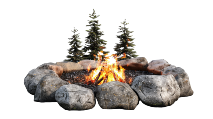 A fire pit surrounded by rocks and trees, with flames flickering amongst the serene natural setting