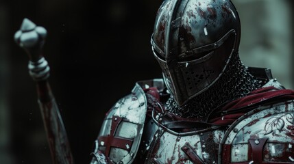 Naklejka premium Portrait of Medieval crusader Warrior with armour and red cross. Cloud smoke on Background